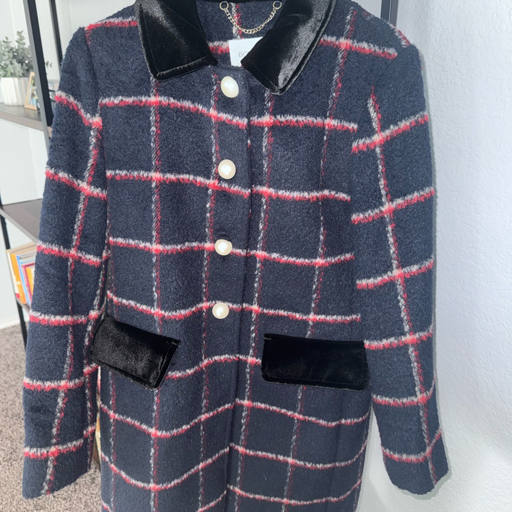 Vintage Bcbgeneration Navy And Red Plaid Pea Coat
